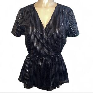 Gypsies & Moondust Black Sequin Faux Wrap Peplum Party Top – Size Small NWOT